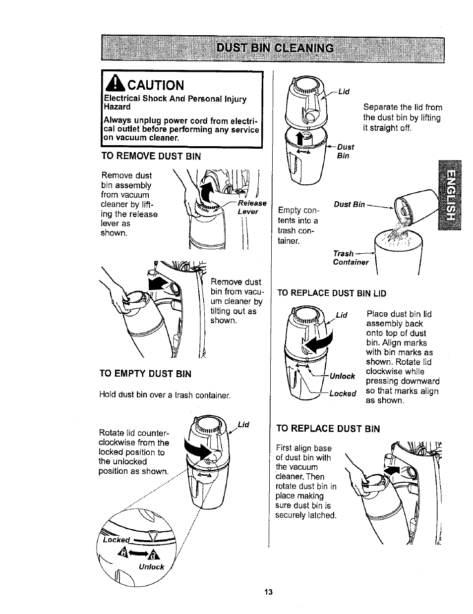 Dust bin cleaning, A caution, Caution | Kenmore ASPIRADORA 116.36722 User Manual | Page 13 / 25