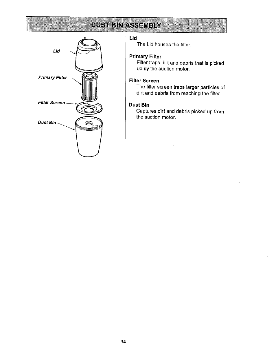 Dust bin assembly | Kenmore ASPIRADORA 116.36722 User Manual | Page 14 / 25