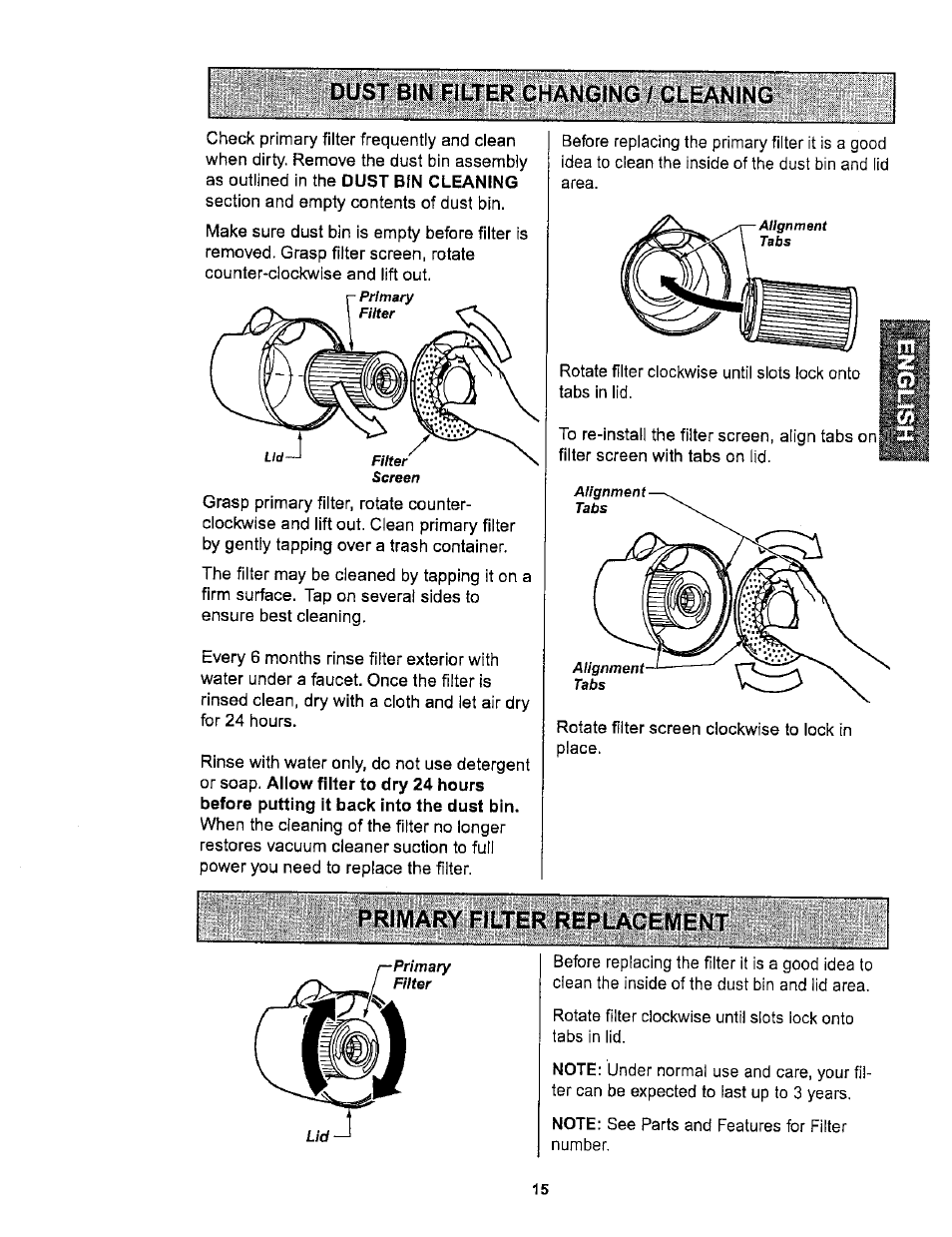 Primary filter replacement | Kenmore ASPIRADORA 116.36722 User Manual | Page 15 / 25