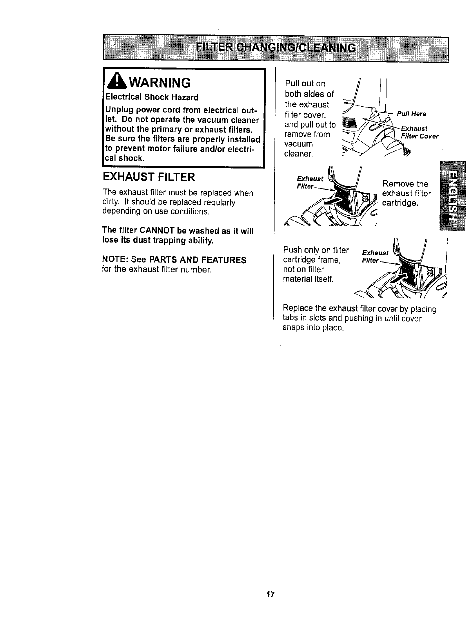 A warning, Exhaust filter | Kenmore ASPIRADORA 116.36722 User Manual | Page 17 / 25