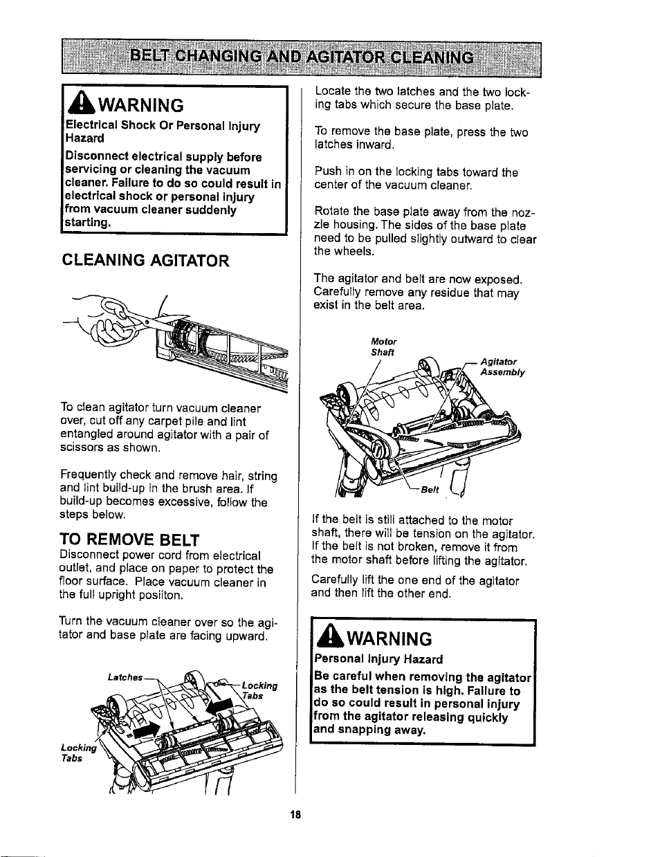 Belt changing and agitator cleaning, Warning, Cleaning agitator | To remove belt | Kenmore ASPIRADORA 116.36722 User Manual | Page 18 / 25