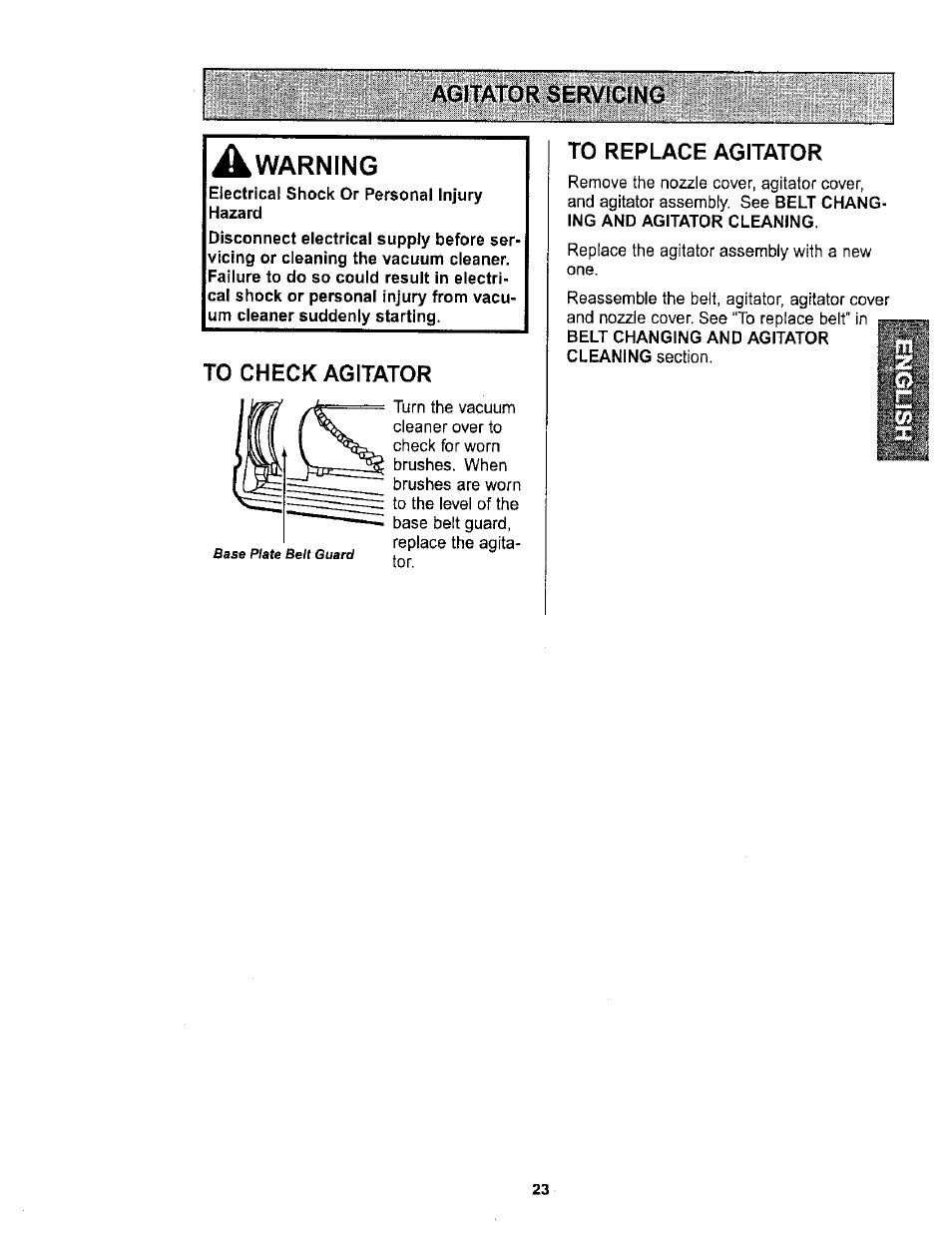 Agitator servicing, Warning, To check agitator | To replace agitator | Kenmore ASPIRADORA 116.36722 User Manual | Page 23 / 25