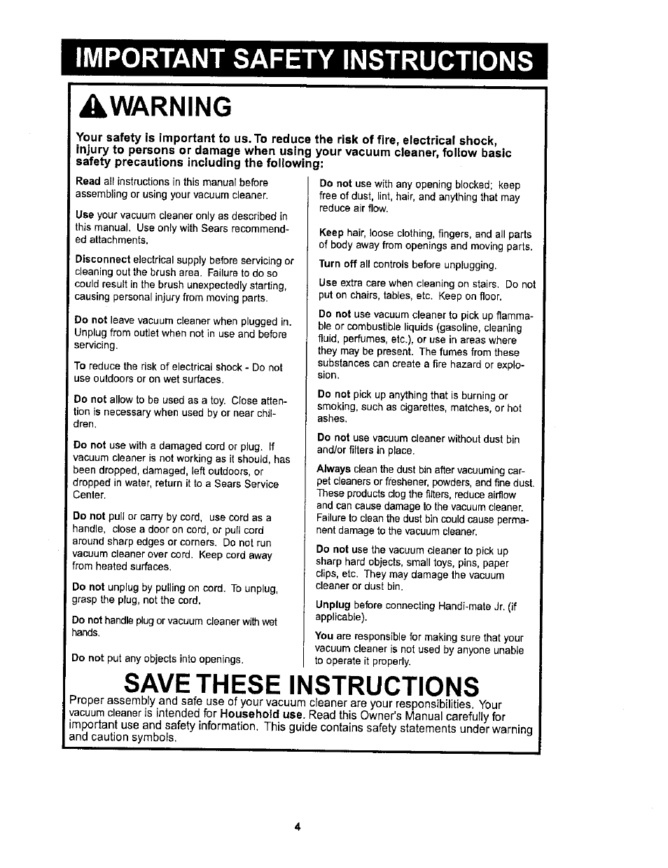 Important safety instructions, Warning, Save these instructions | Important safety instructions ^warning | Kenmore ASPIRADORA 116.36722 User Manual | Page 4 / 25