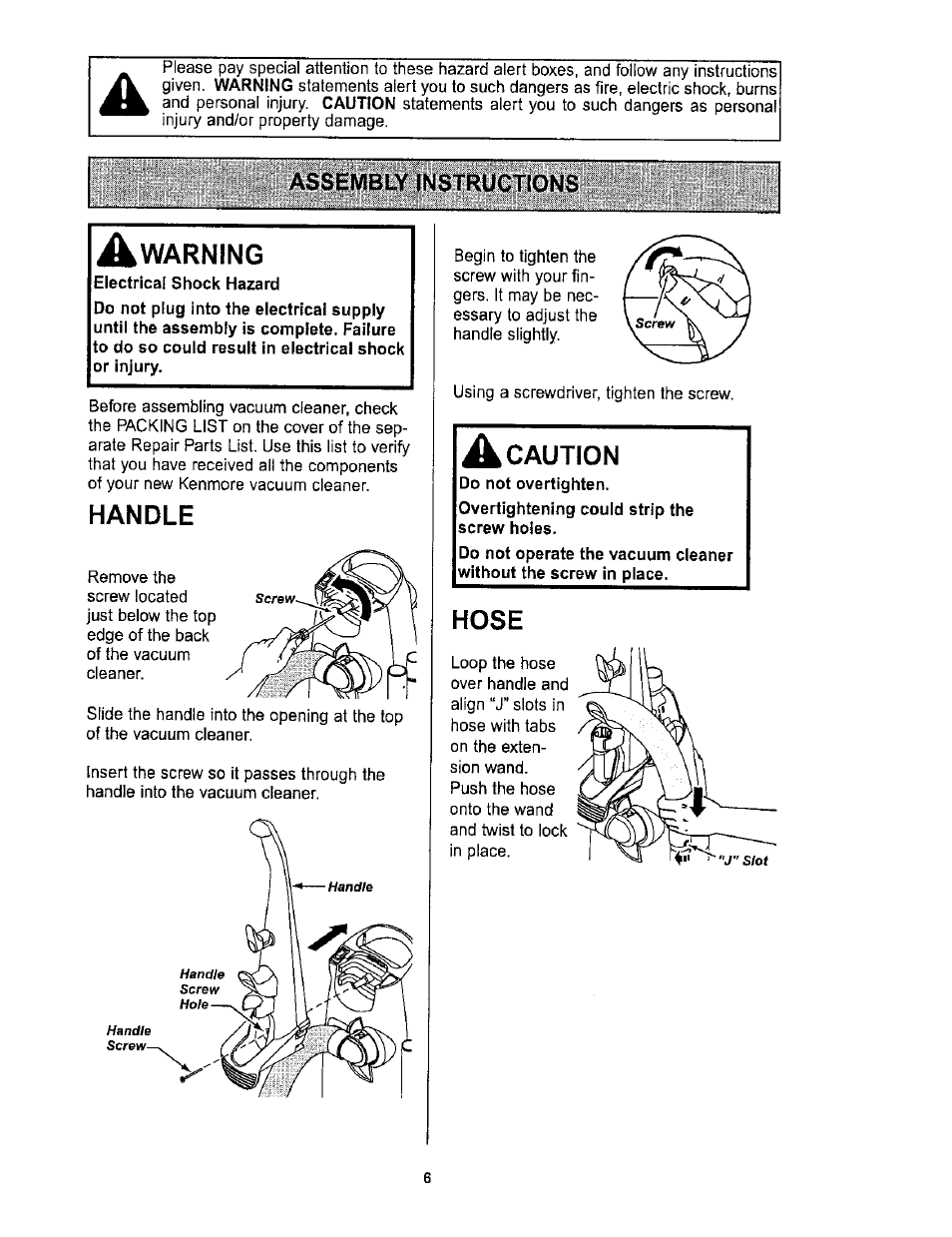 Assembly instructions, Warning, Handle | A caution, Hose, Caution | Kenmore ASPIRADORA 116.36722 User Manual | Page 6 / 25