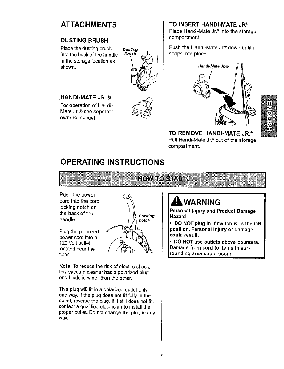 Operating instructions, How to start, Warning | Attachments | Kenmore ASPIRADORA 116.36722 User Manual | Page 7 / 25