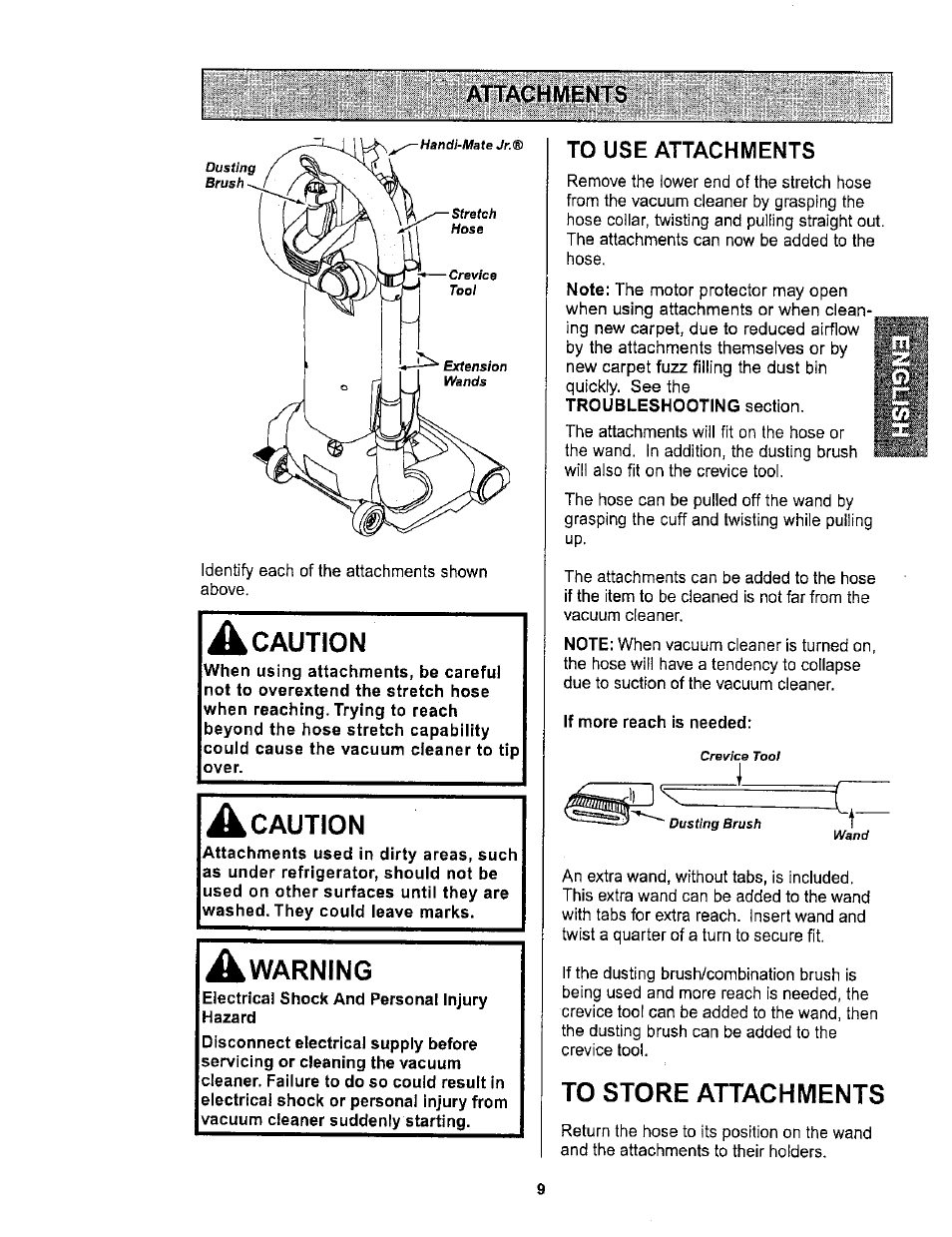 To store attachments, Caution, Warning | Kenmore ASPIRADORA 116.36722 User Manual | Page 9 / 25