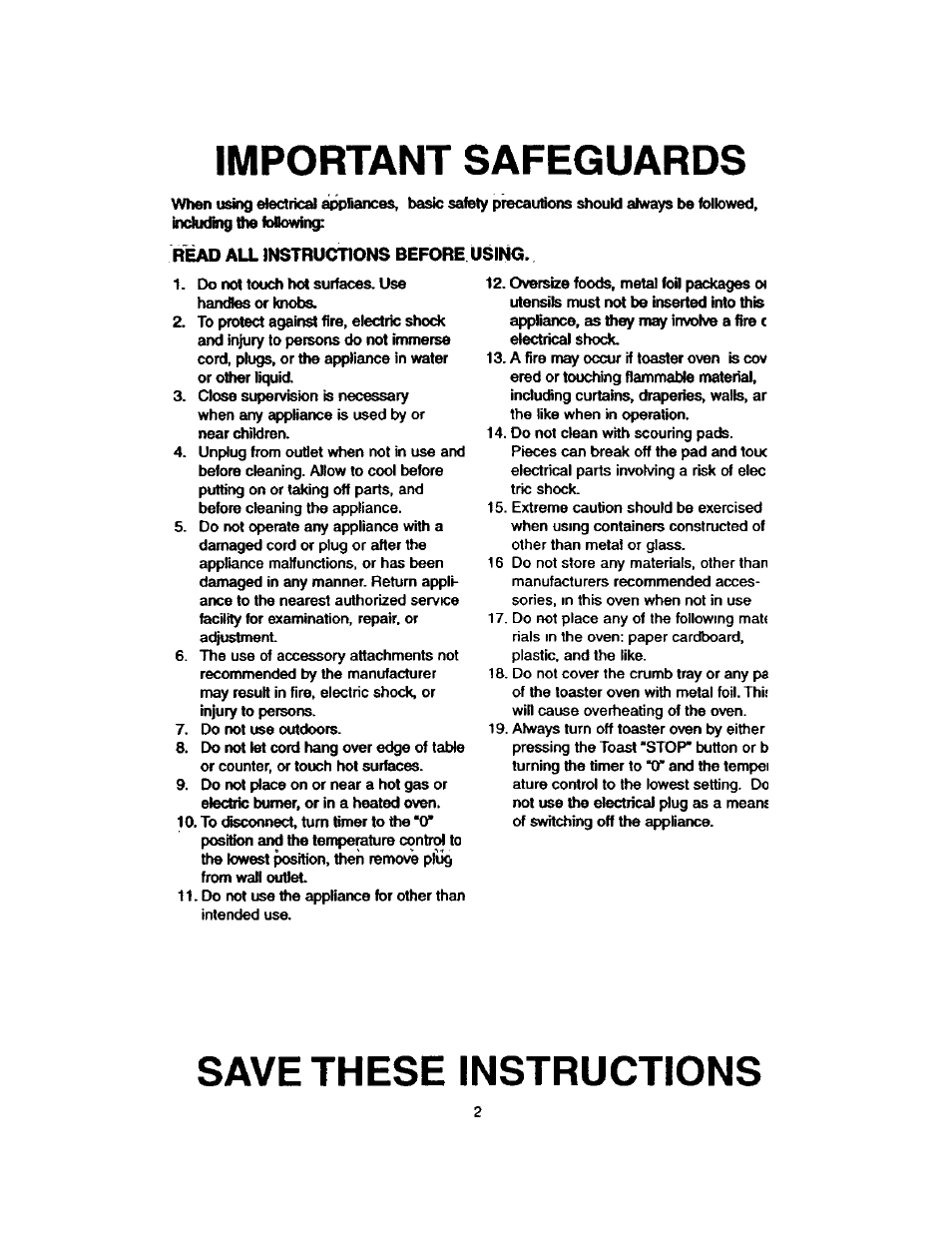 Read all instructions before. using, Important safeguards, Save these instructions | Kenmore 48449 User Manual | Page 2 / 6