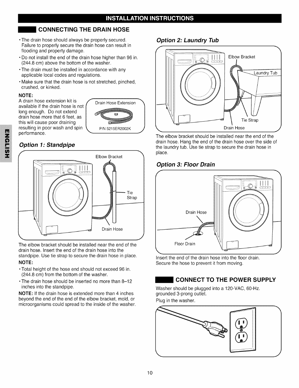 Connecting the drain hose, Note, Connect to the power supply | Kenmore 796.4031#9## User Manual | Page 10 / 60