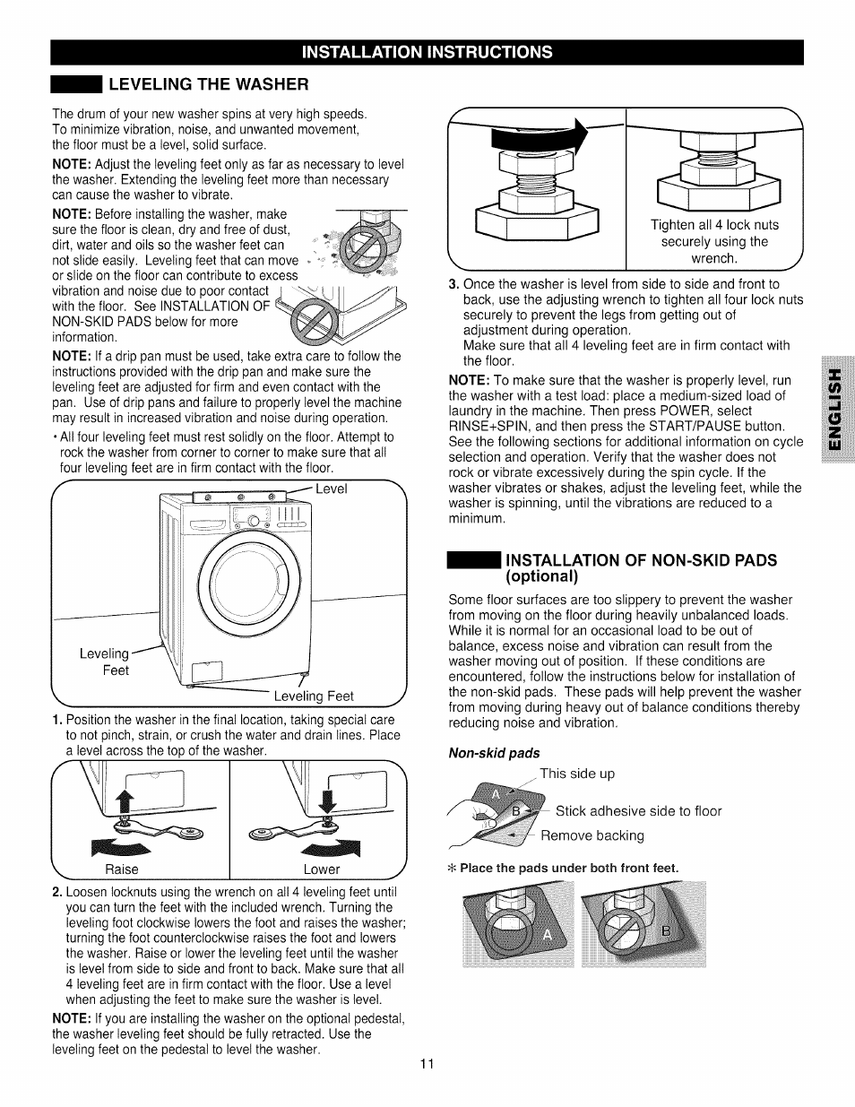 Leveling the washer, Installation of non-skid pads (optional) | Kenmore 796.4031#9## User Manual | Page 11 / 60
