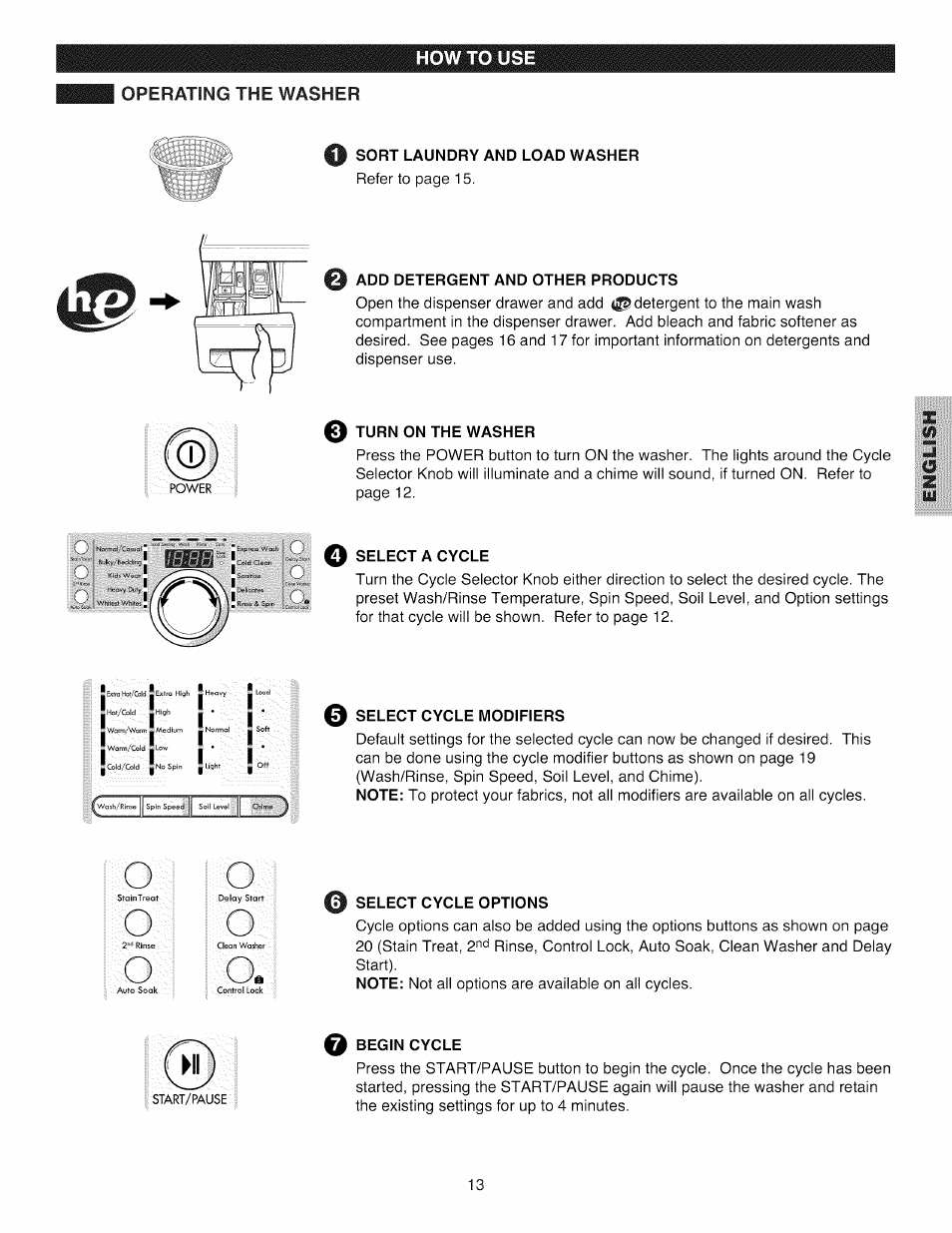Operating the washer | Kenmore 796.4031#9## User Manual | Page 13 / 60