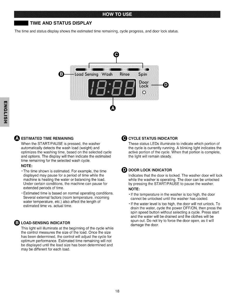 Time and status display, Load sensing wash rinse spin, Door | Estimated time remaining, Note, Load-sensing indicator, Cycle status indicator, Door lock indicator | Kenmore 796.4031#9## User Manual | Page 18 / 60