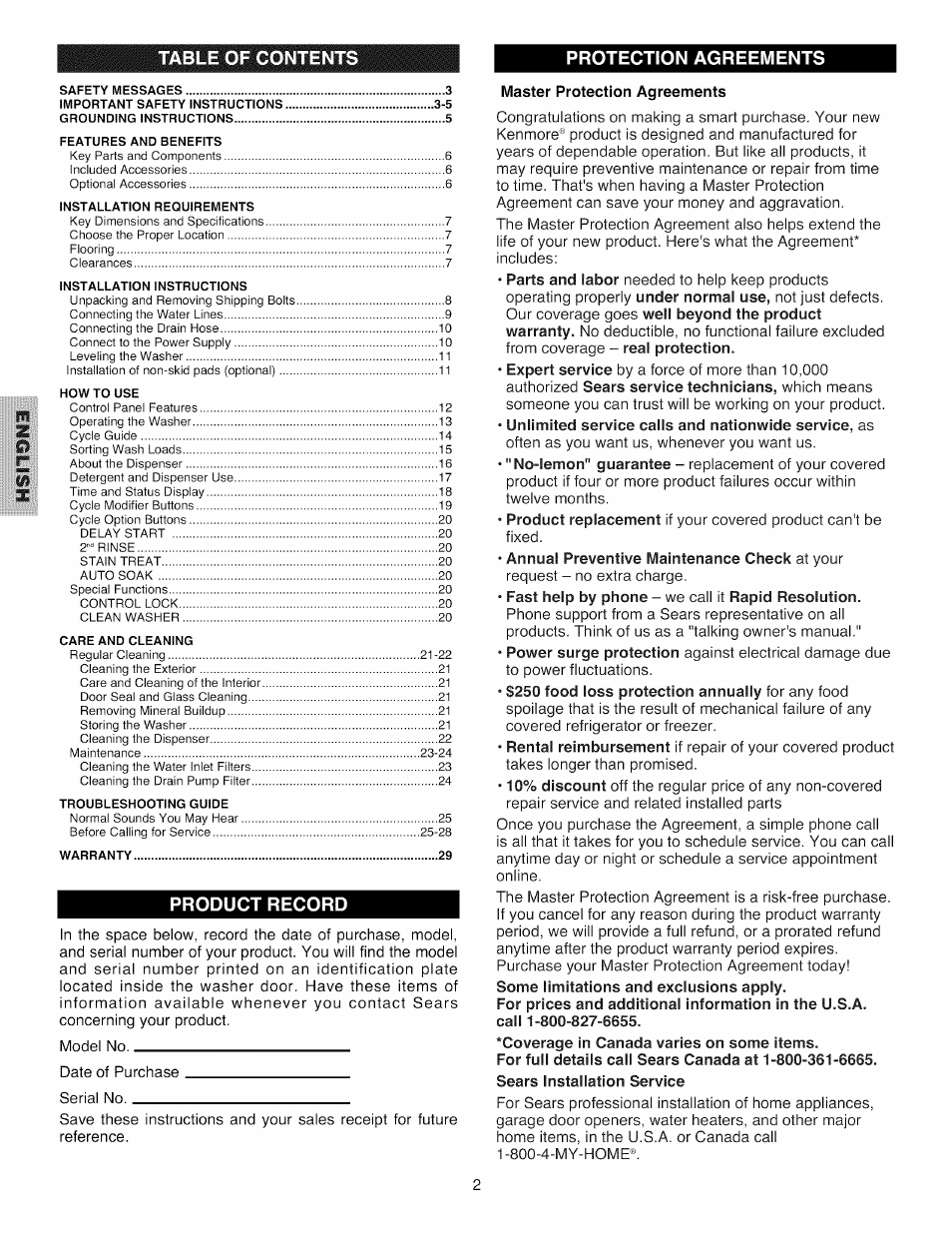 Master protection agreements, Unlimited service calls and nationwide service, as, Fast help by phone - we call it rapid resolution | Some limitations and exclusions apply, Coverage in canada varies on some items, Table of contents protection agreements, Product record | Kenmore 796.4031#9## User Manual | Page 2 / 60