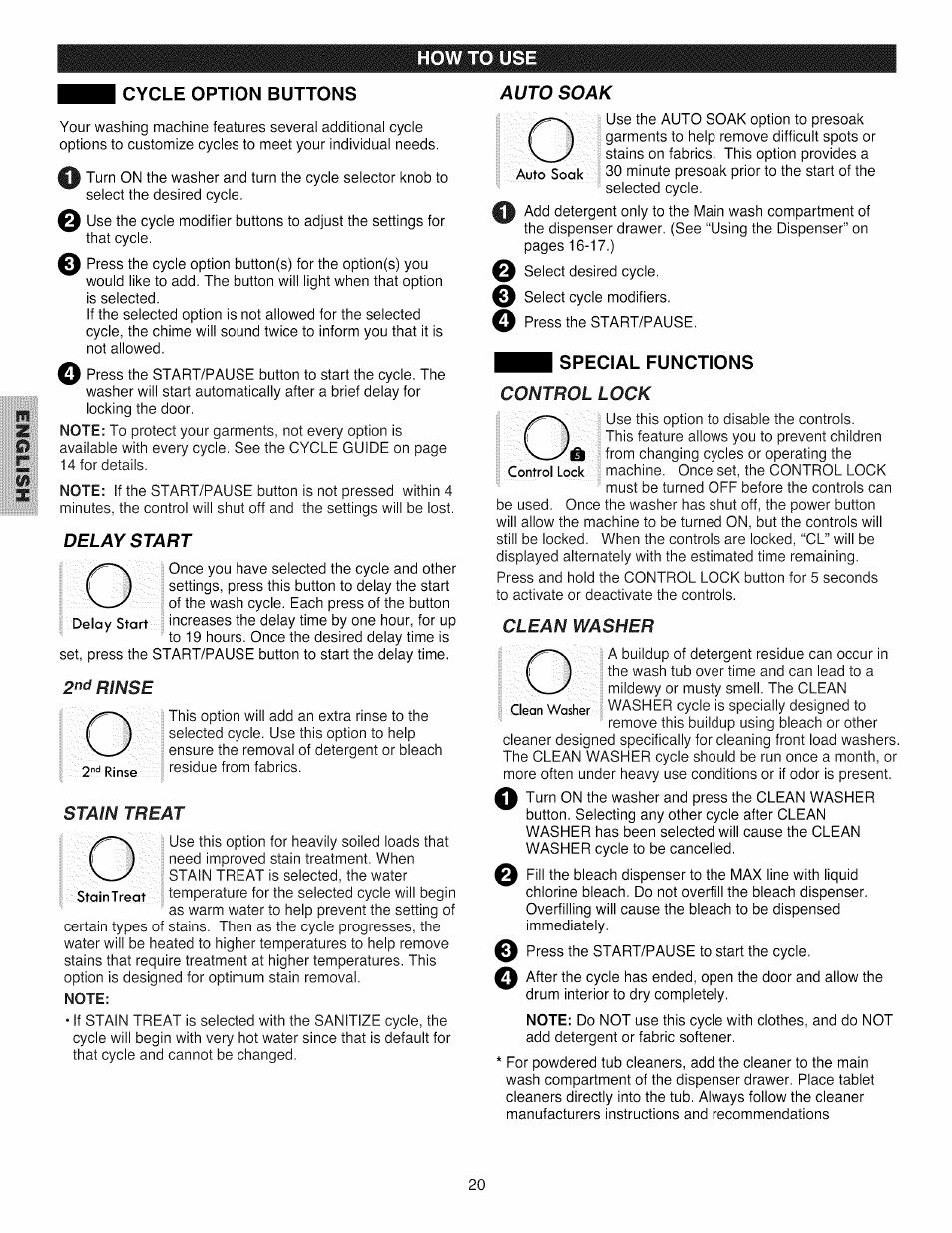 Cycle option buttons, Note, Special functions | Kenmore 796.4031#9## User Manual | Page 20 / 60