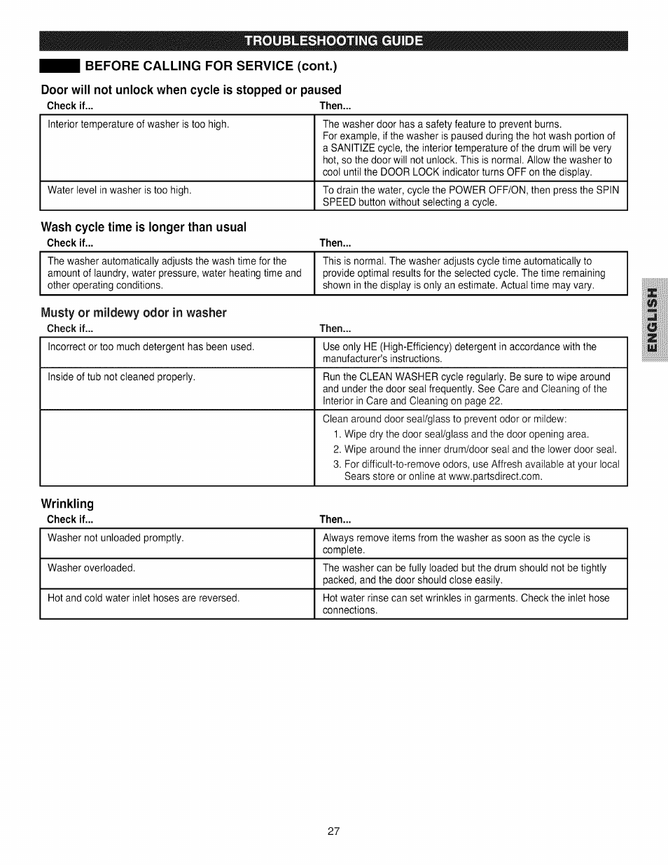 Before calling for service (cont.), Wash cycle time is longer than usual, Musty or mildewy odor in washer | Kenmore 796.4031#9## User Manual | Page 27 / 60