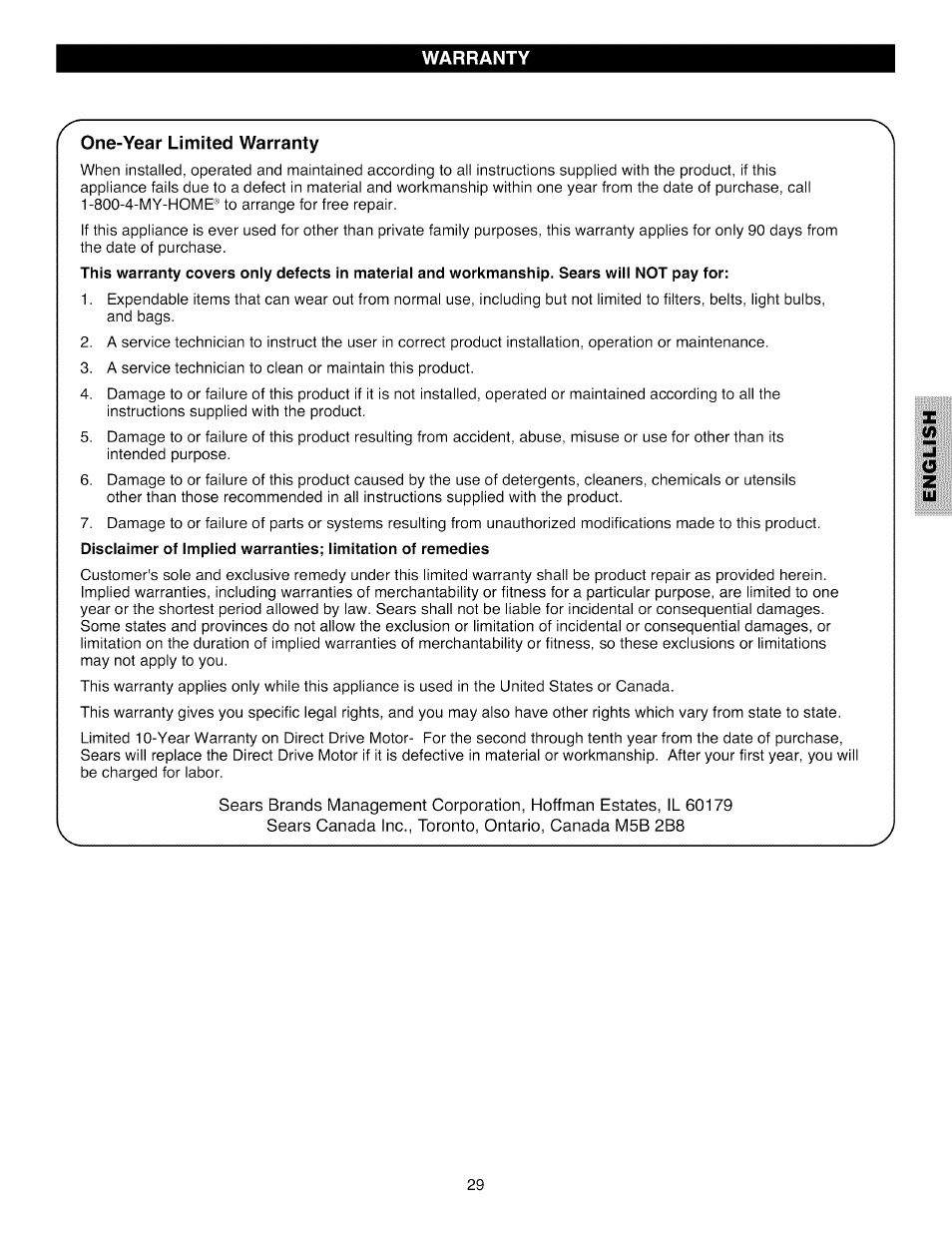 Warranty, One-year limited warranty | Kenmore 796.4031#9## User Manual | Page 29 / 60