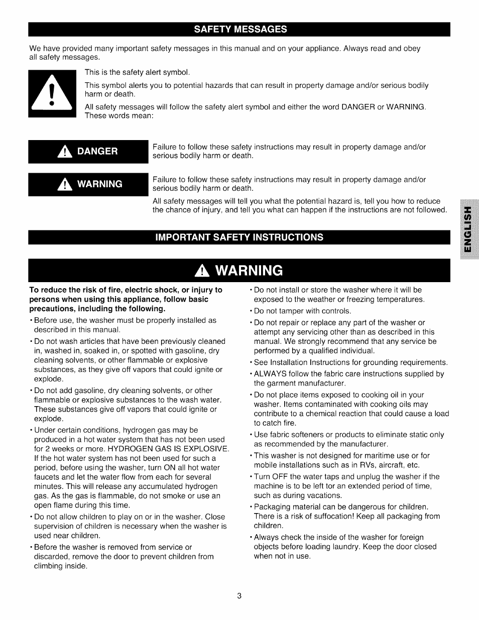 Safety messages, A danger, A warning | Important safety instructions, Safety messages important safety instructions -5, Warning | Kenmore 796.4031#9## User Manual | Page 3 / 60