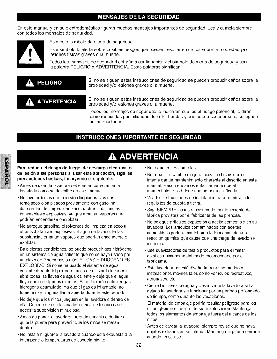 Mensajes de la seguridad, A peligro, A advertencia | Instrucciones importante de seguridad, Advertencia | Kenmore 796.4031#9## User Manual | Page 32 / 60