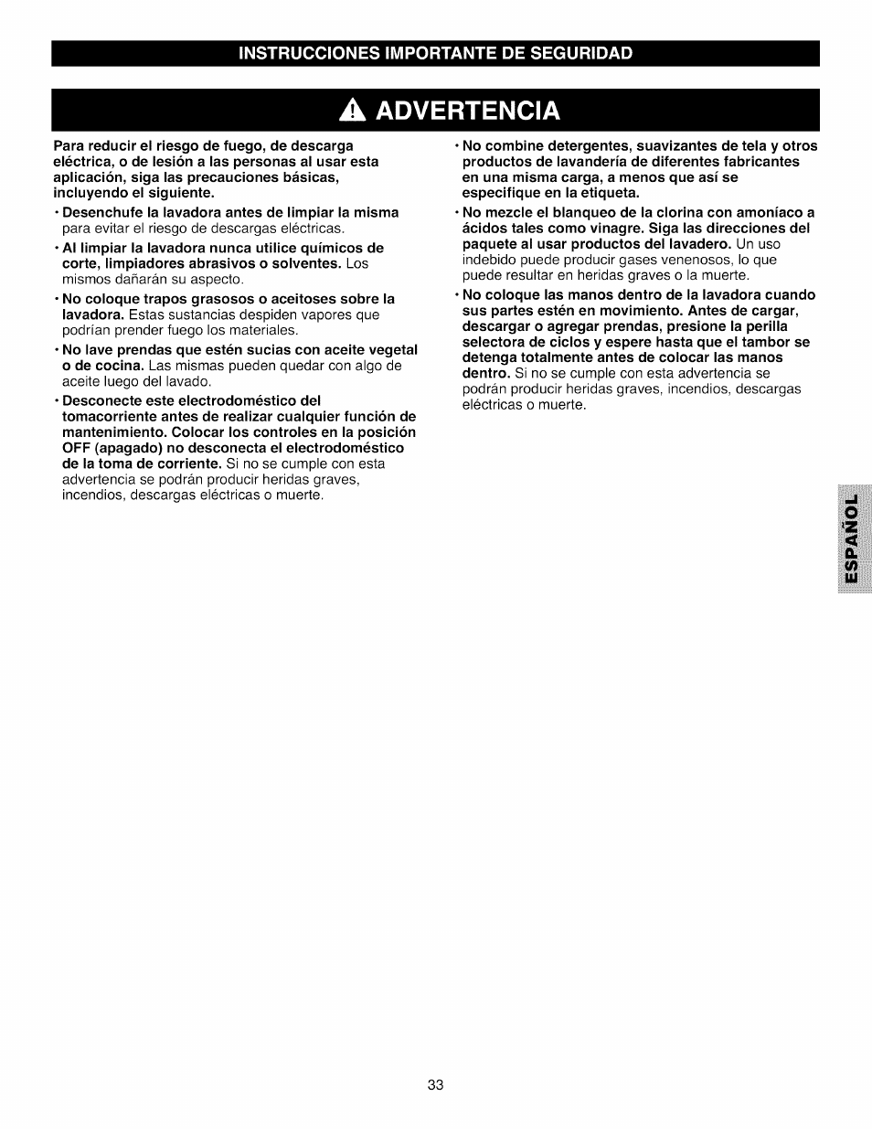 Advertencia | Kenmore 796.4031#9## User Manual | Page 33 / 60