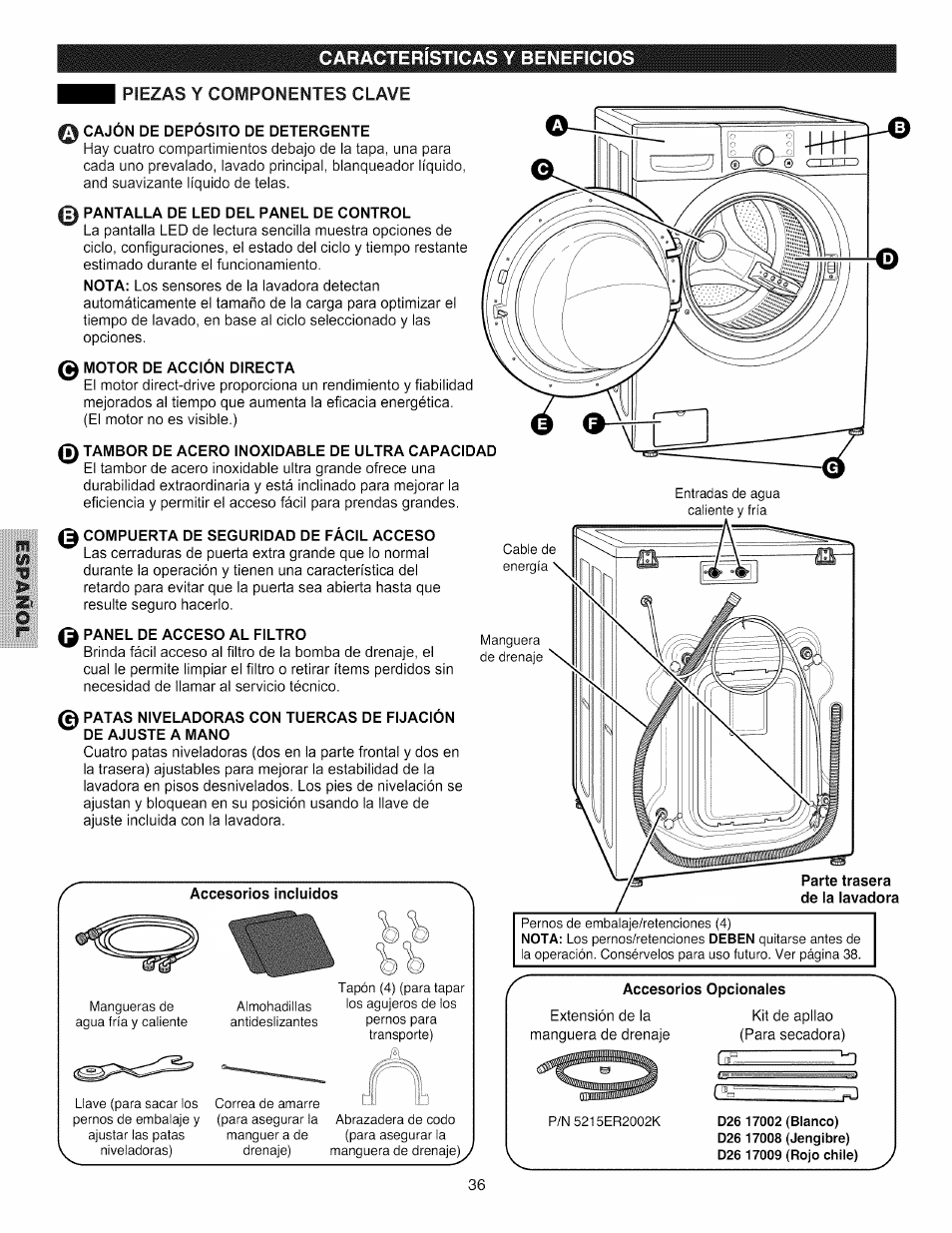 Caracteristicas y beneficio, Piezas y componentes clave, Q cajón de depósito de detergente | Pantalla de led del panel de control, 0 motor de acción directa, 0 tambor de acero inoxidable de ultra capacidad, 0 compuerta de seguridad de fácil acceso, Panel de acceso al filtro, Accesorios incluidos, Parte trasera de la lavadora | Kenmore 796.4031#9## User Manual | Page 36 / 60