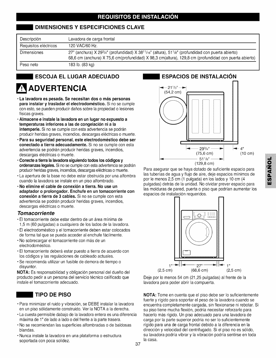 Escoja el lugar adecuado, Espacios de instalacion, Tipo de piso | Espacios de instalación, Advertencia | Kenmore 796.4031#9## User Manual | Page 37 / 60