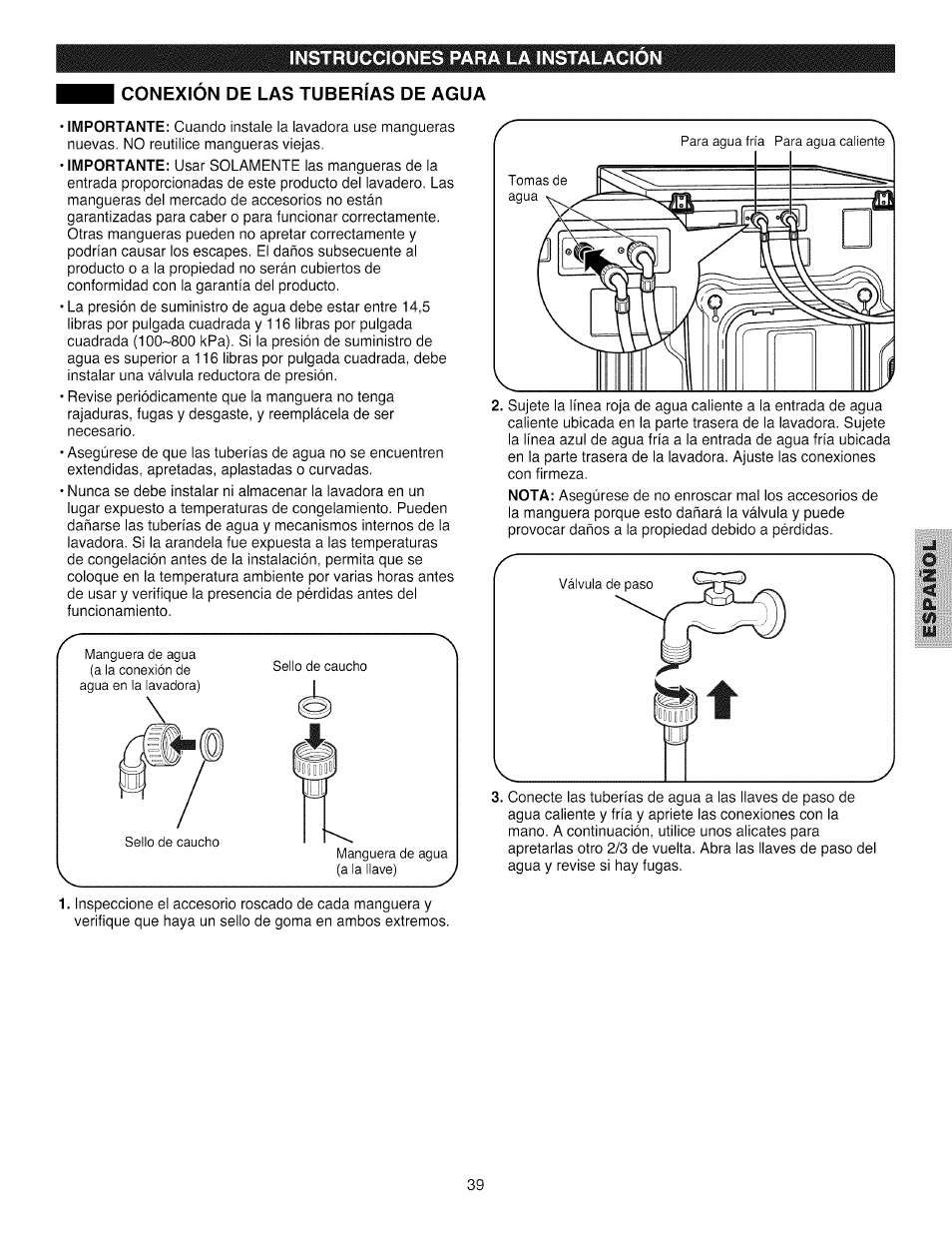 Conexion de las tuberias de agua, Conexión de las tuberías de agua | Kenmore 796.4031#9## User Manual | Page 39 / 60