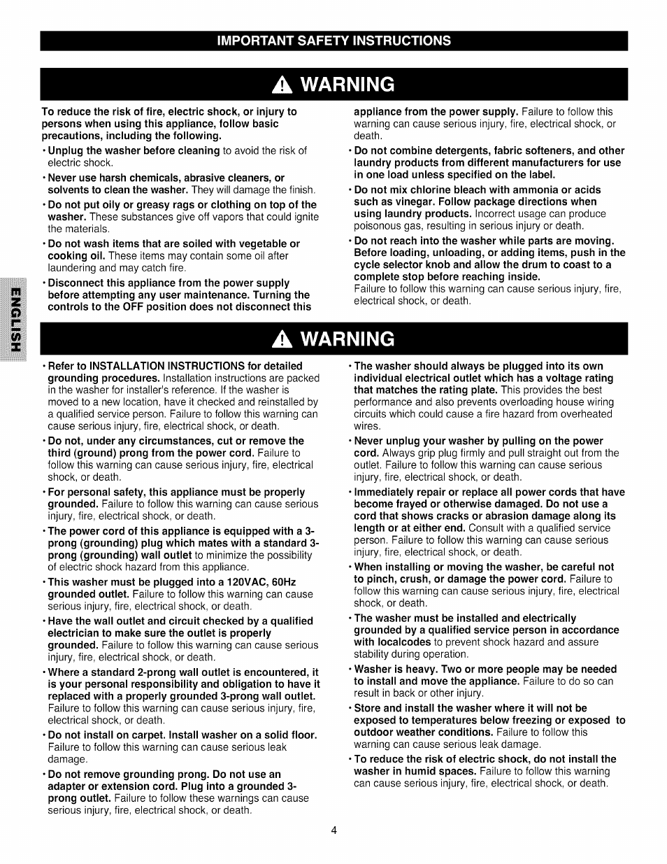 A warning, Warning | Kenmore 796.4031#9## User Manual | Page 4 / 60