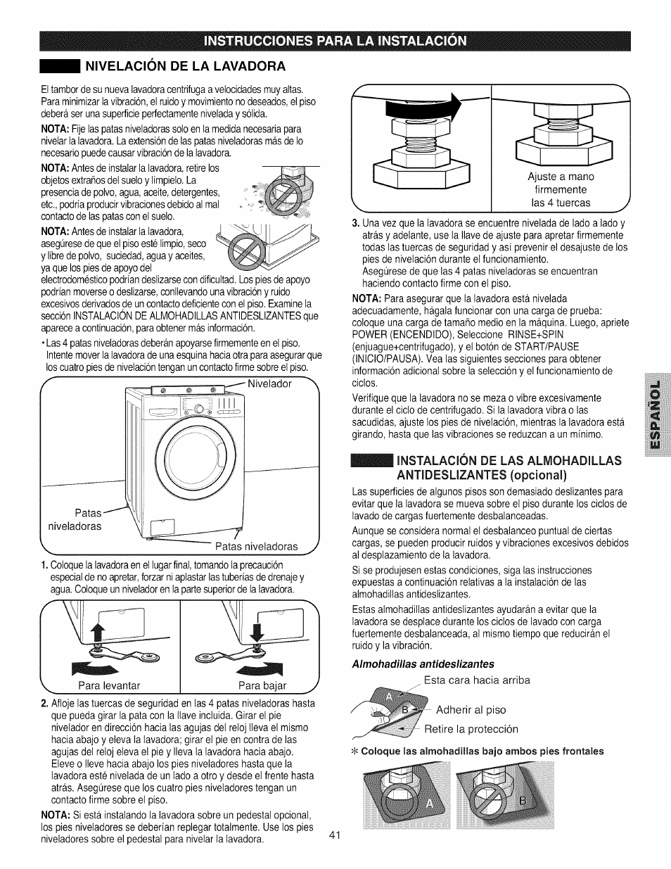 Nivelacion de la lavadora | Kenmore 796.4031#9## User Manual | Page 41 / 60