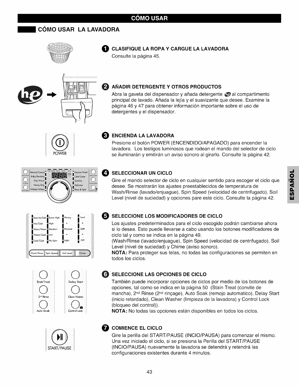 Como usar la lavadora, Cómo usar la lavadora | Kenmore 796.4031#9## User Manual | Page 43 / 60