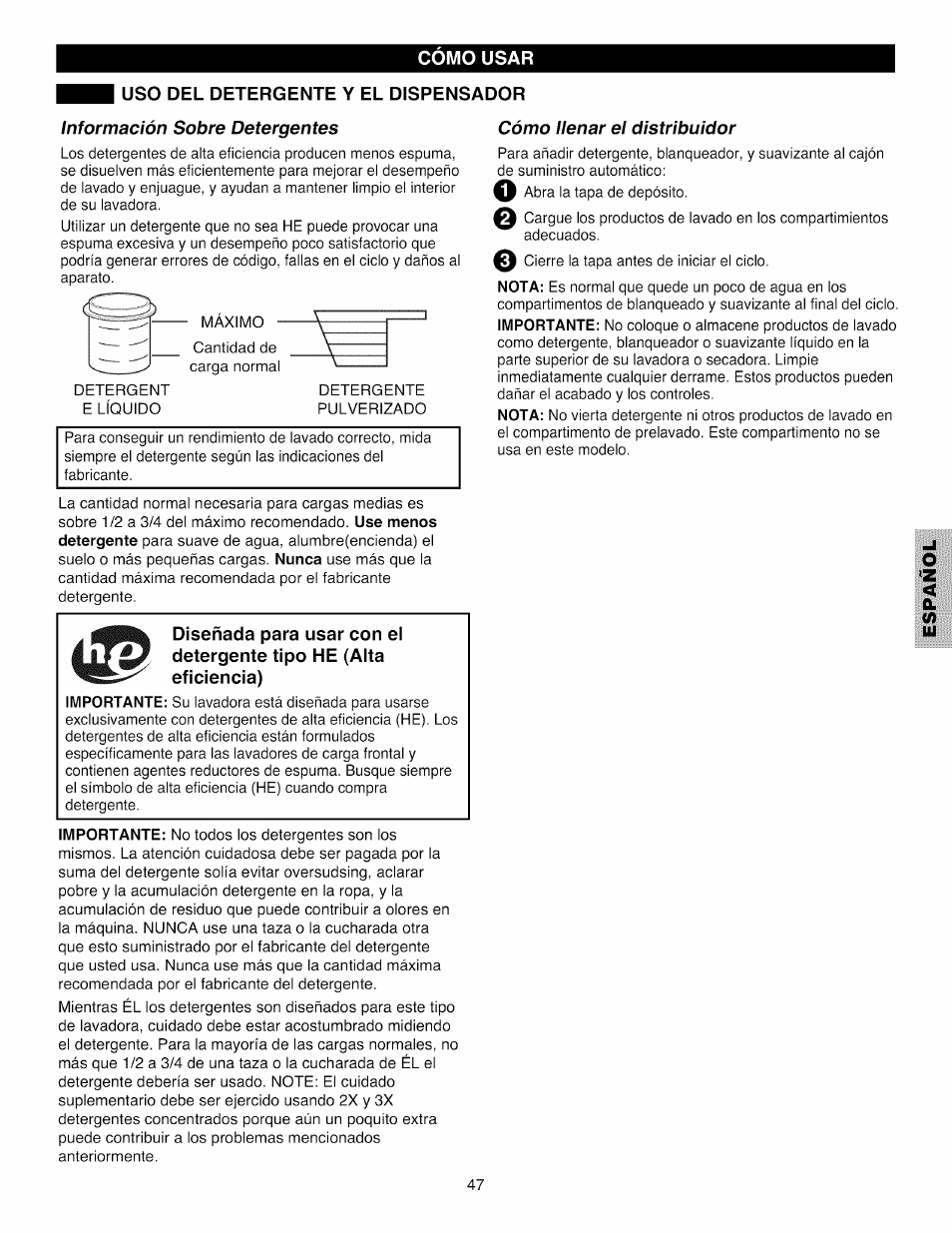 Uso del detergente y el dispensador | Kenmore 796.4031#9## User Manual | Page 47 / 60