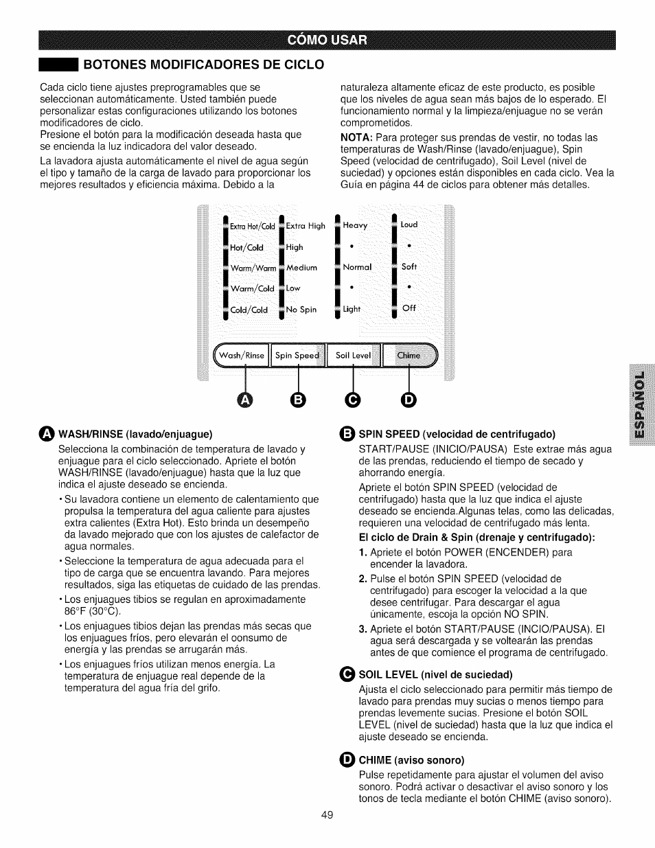 Botones modificadores de ciclo | Kenmore 796.4031#9## User Manual | Page 49 / 60