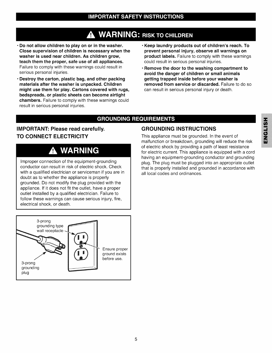 A warning: risk to children, Grounding requirements, Grounding instructions | Warning | Kenmore 796.4031#9## User Manual | Page 5 / 60