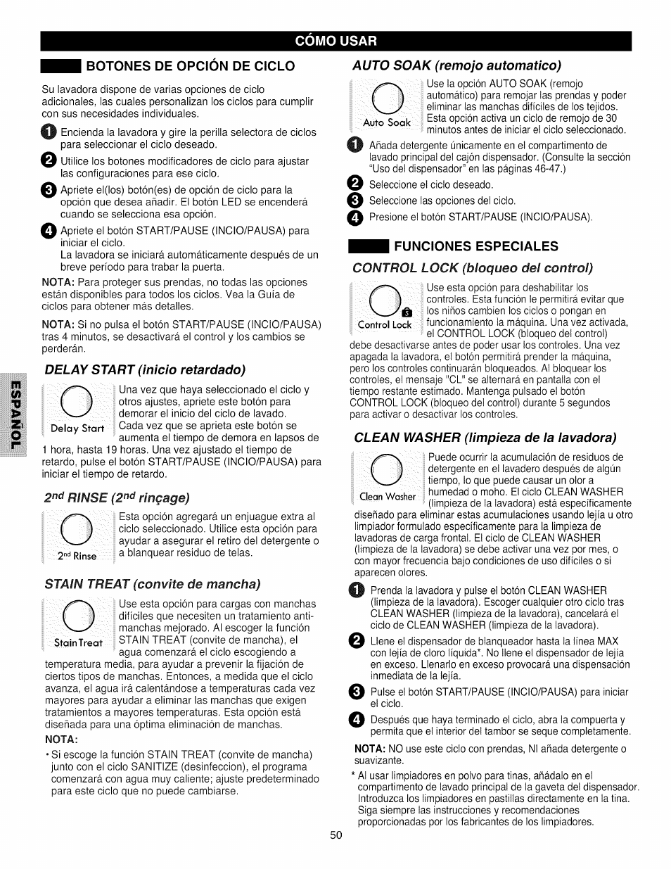 Botones de opcion de ciclo, Nota, Botones de opción de ciclo | Kenmore 796.4031#9## User Manual | Page 50 / 60