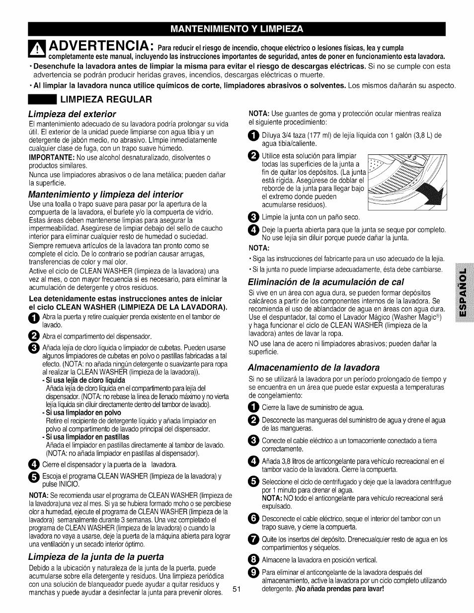 Limpieza regular, Advertencia | Kenmore 796.4031#9## User Manual | Page 51 / 60
