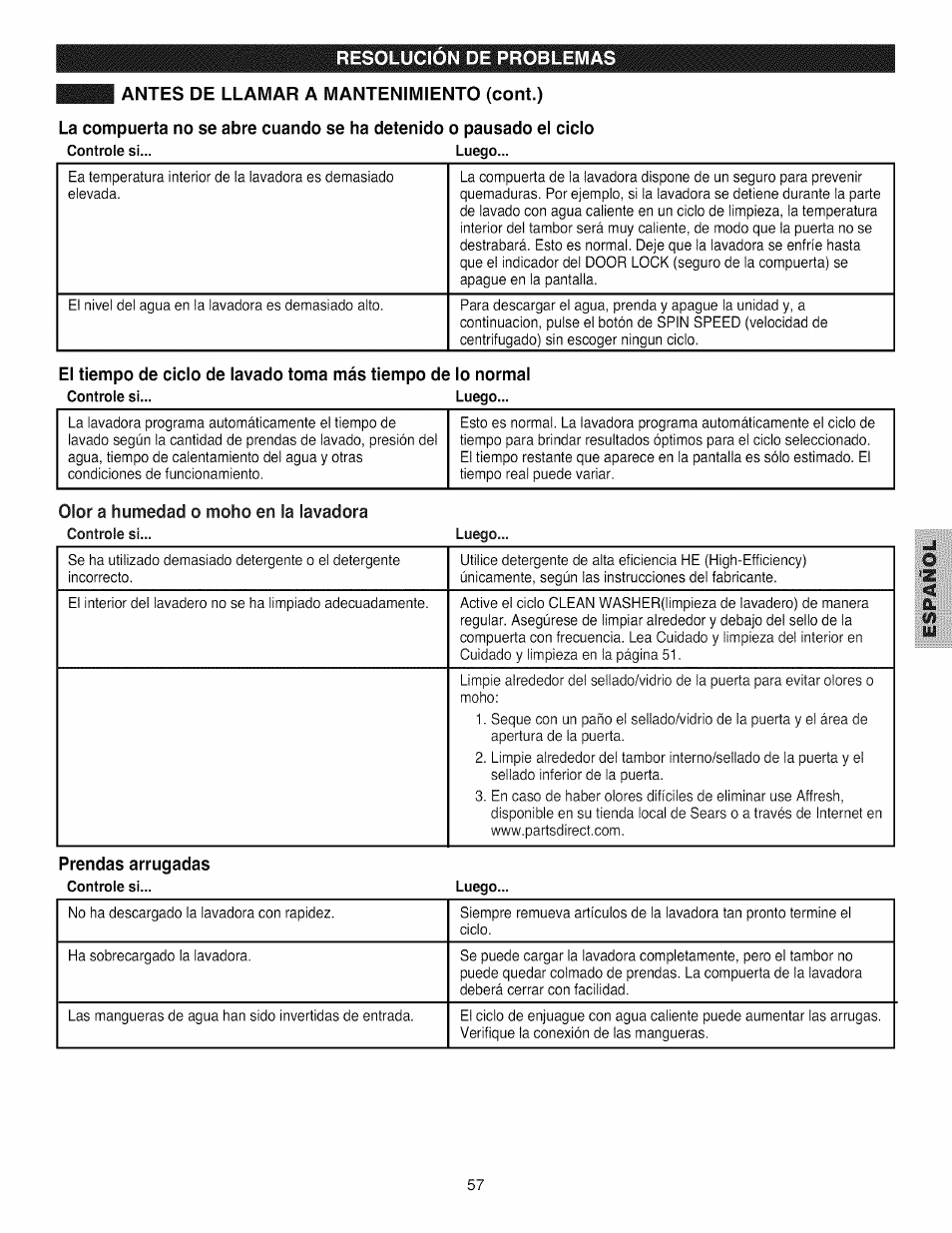Olor a humedad o moho en la lavadora, Prendas arrugadas | Kenmore 796.4031#9## User Manual | Page 57 / 60