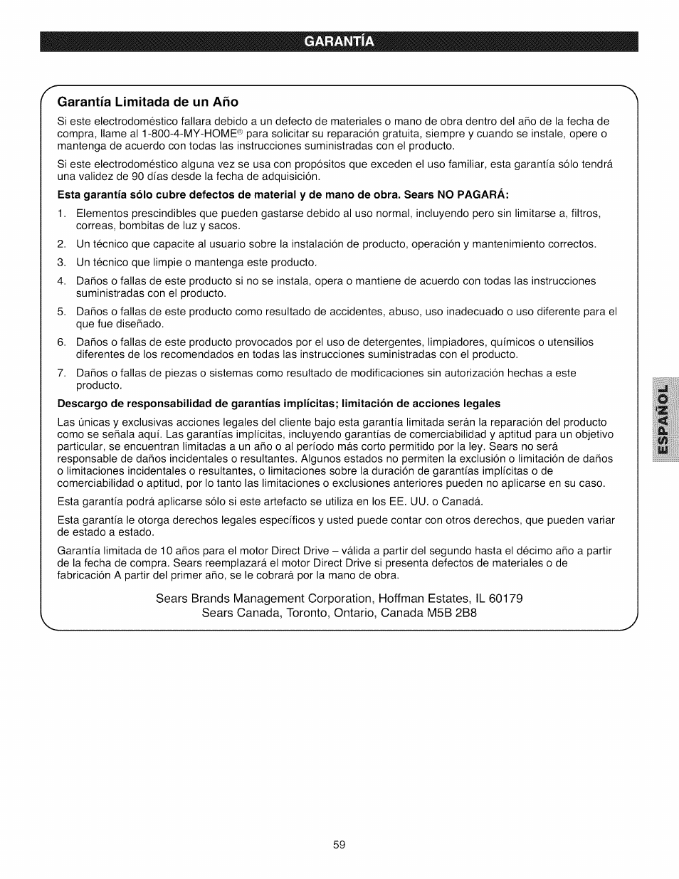 Garantia, Garantía limitada de un aсo | Kenmore 796.4031#9## User Manual | Page 59 / 60