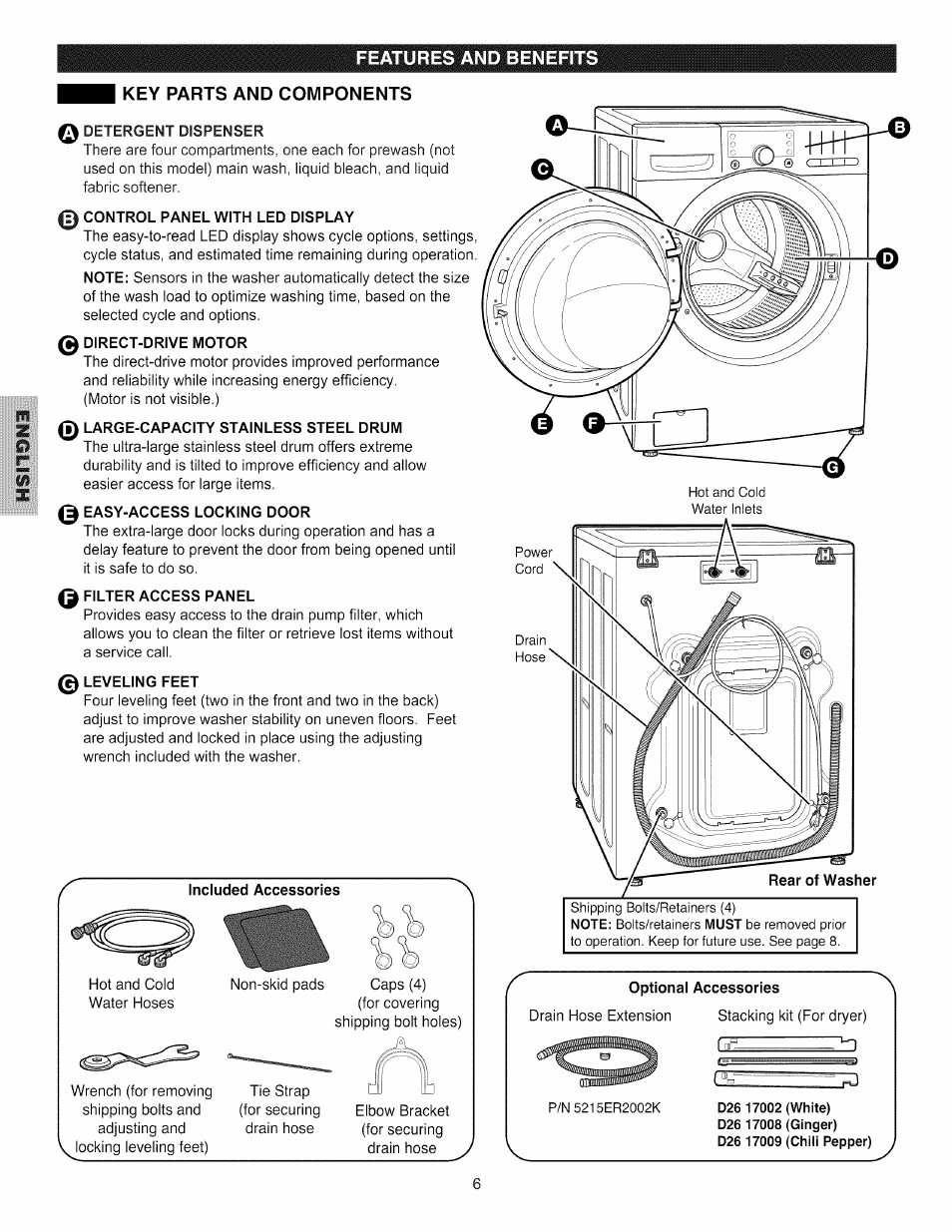 Features and benefits, Key parts and components, Detergent dispenser | 0 control panel with led display, 0 direct-drive motor, 0 large-capacity stainless steel drum, 0 easy-access locking door, 0 filter access panel, Leveling feet, Included accessories | Kenmore 796.4031#9## User Manual | Page 6 / 60