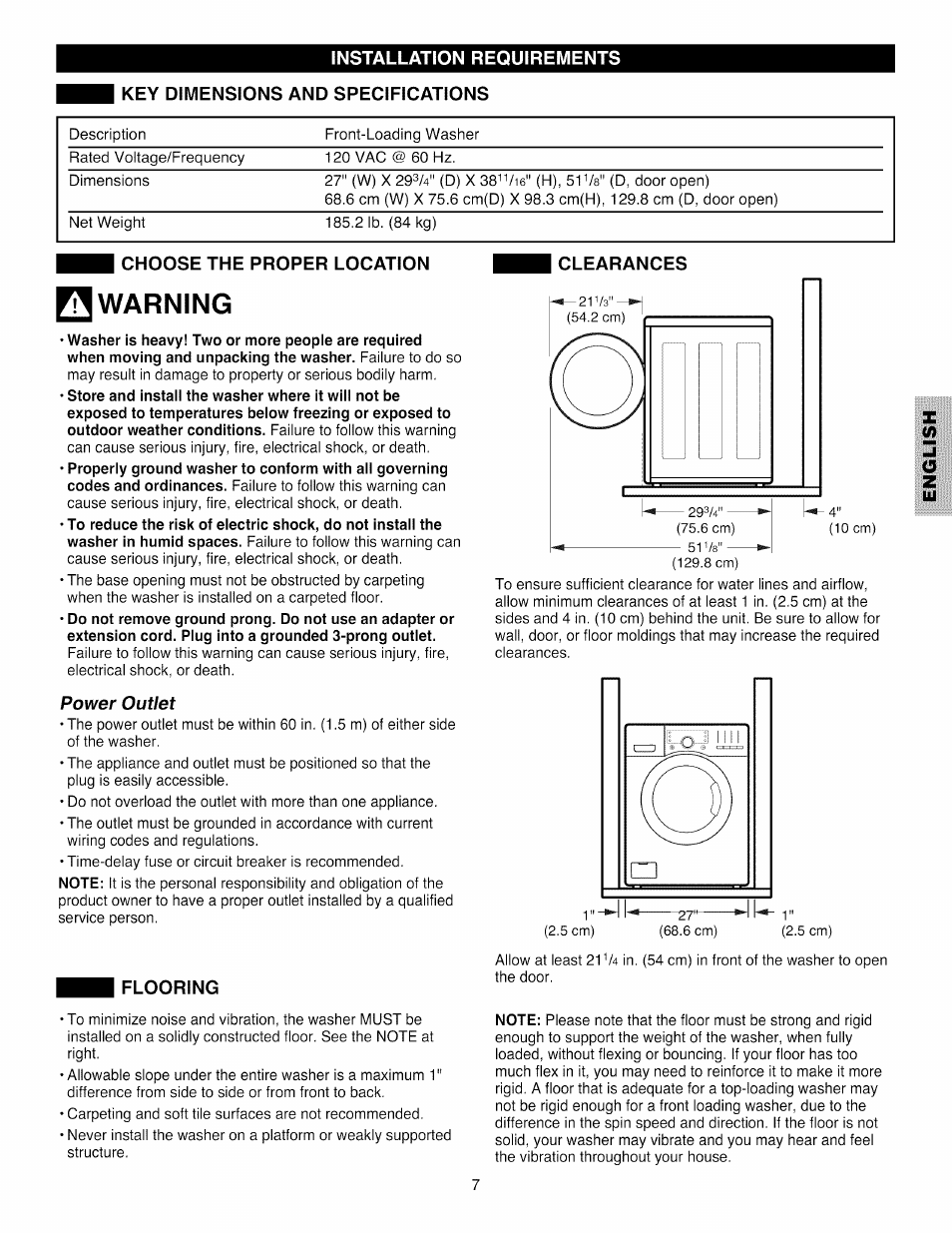 Choose the proper location, Flooring, Clearances | Choose the proper location flooring clearances, Warning | Kenmore 796.4031#9## User Manual | Page 7 / 60