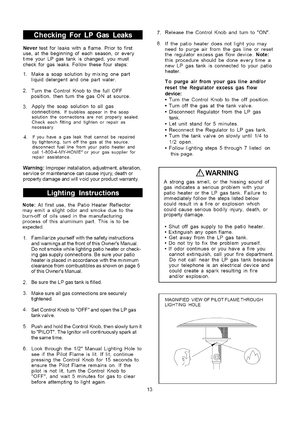 Checking for lp gas leaks, Lighting instructions | Kenmore 141.229952 User Manual | Page 13 / 15