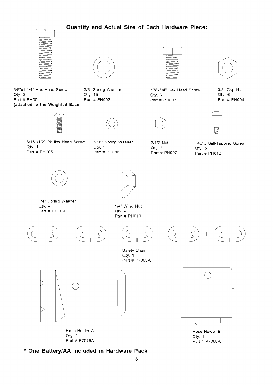 Quantity and actual size of each hardware piece, One battery/aa included in hardware pack | Kenmore 141.229952 User Manual | Page 6 / 15