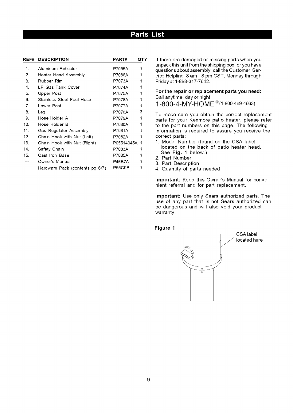 Parts list, 800-4-my-home | Kenmore 141.229952 User Manual | Page 9 / 15
