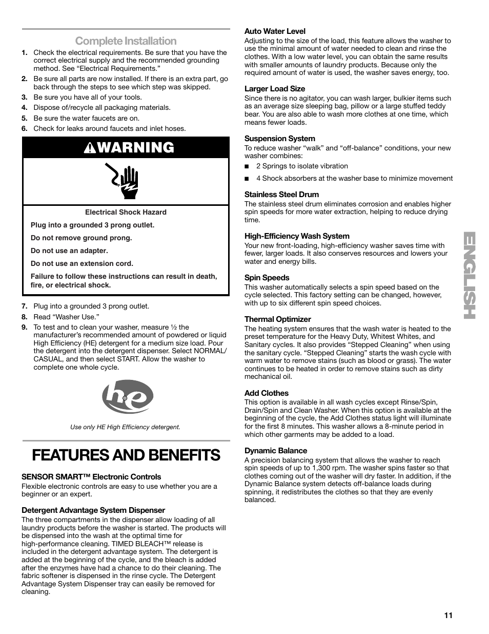 Features and benefits, Warning, Complete installation | Kenmore 110.4997 User Manual | Page 11 / 25