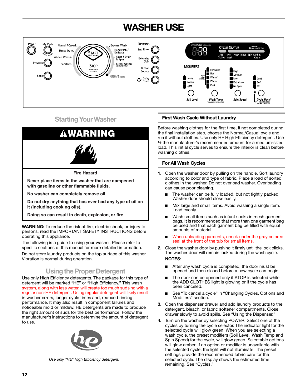 Washer use, Warning, Starting your washer | Using the proper detergent | Kenmore 110.4997 User Manual | Page 12 / 25