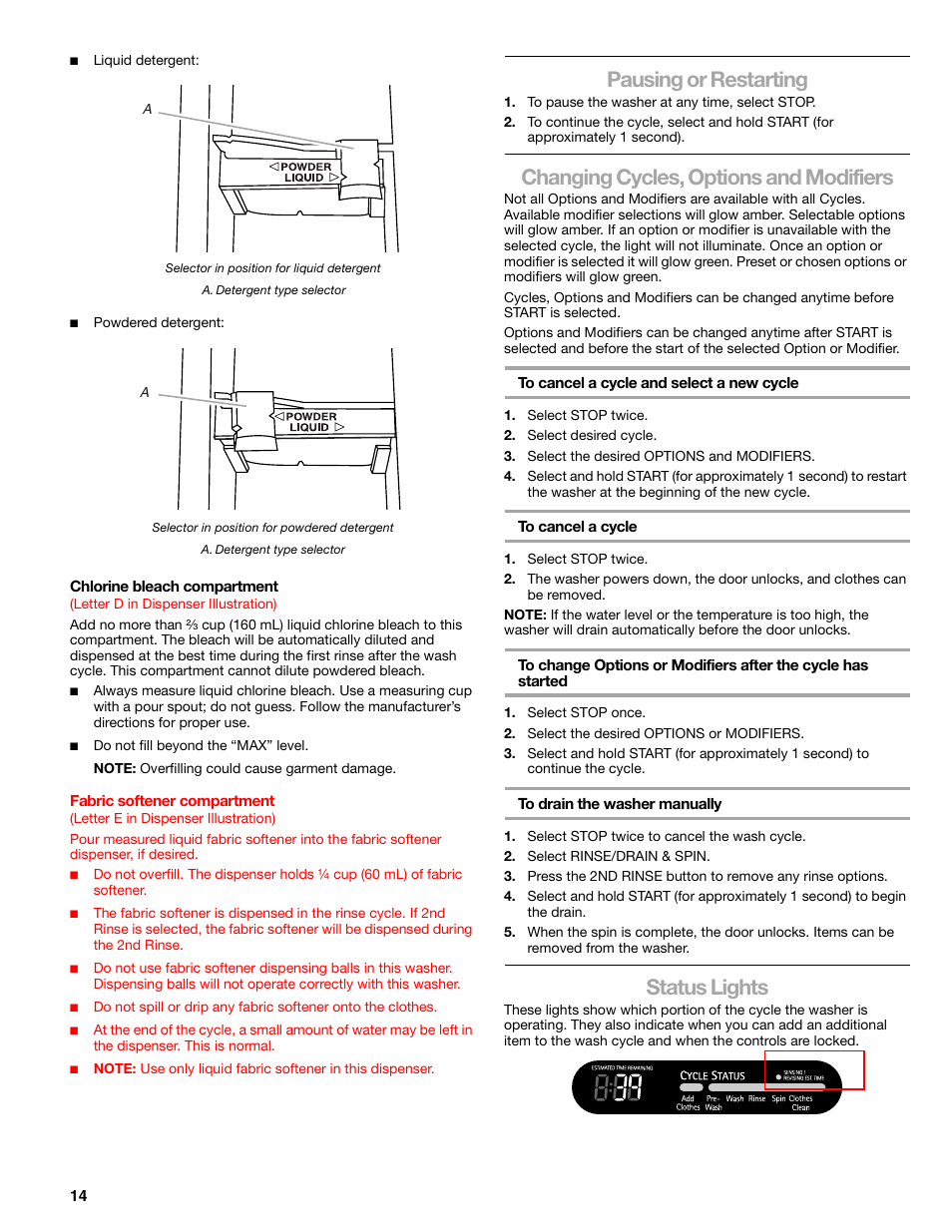 Pausing or restarting, Changing cycles, options and modifiers, Status lights | Kenmore 110.4997 User Manual | Page 14 / 25