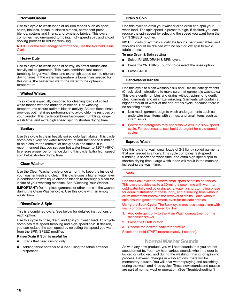 Normal washer sounds | Kenmore 110.4997 User Manual | Page 16 / 25