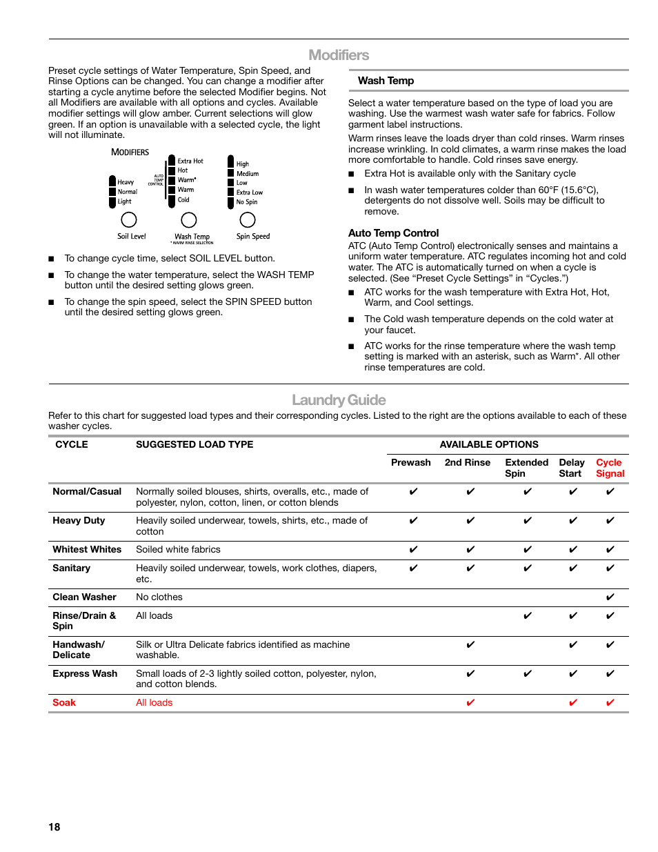 Modifiers, Laundry guide | Kenmore 110.4997 User Manual | Page 18 / 25