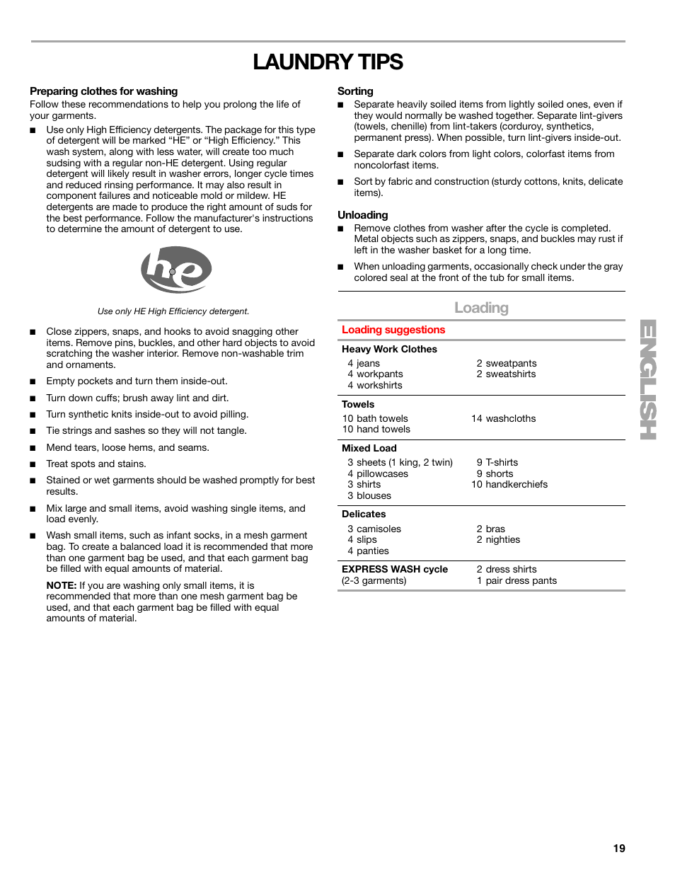 Laundry tips, Loading | Kenmore 110.4997 User Manual | Page 19 / 25