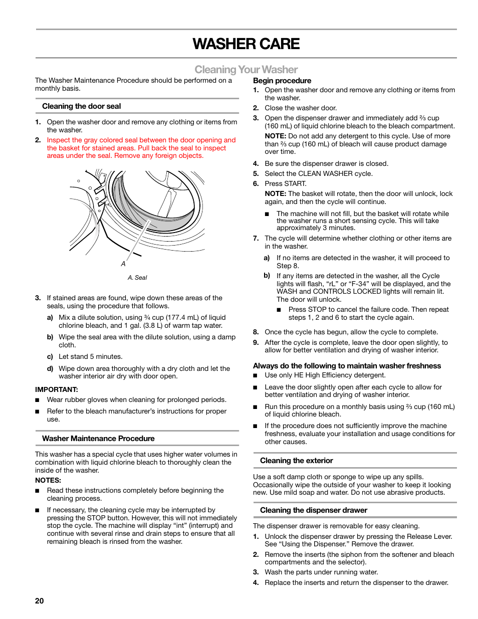 Washer care, Cleaning your washer | Kenmore 110.4997 User Manual | Page 20 / 25