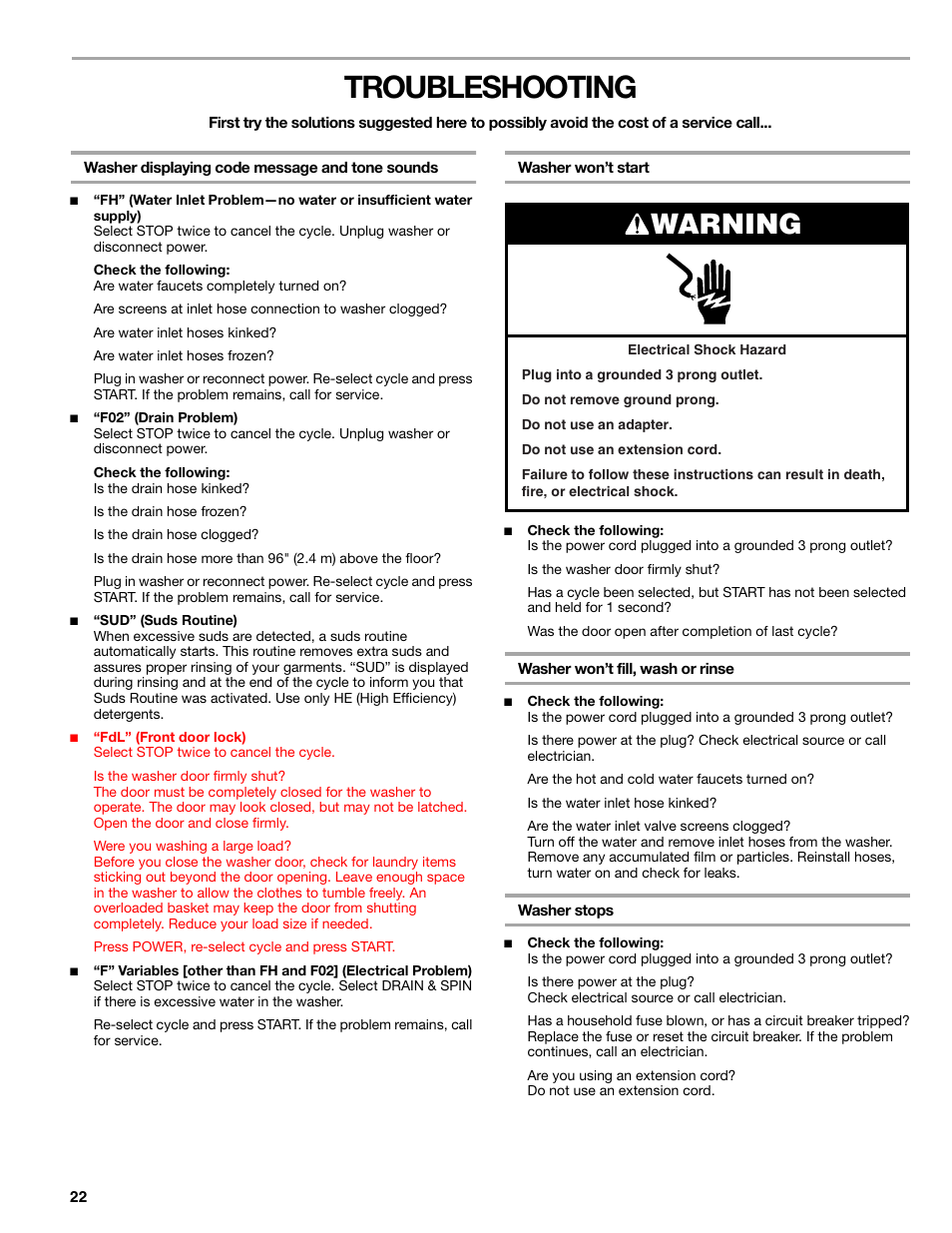 Troubleshooting, Warning | Kenmore 110.4997 User Manual | Page 22 / 25