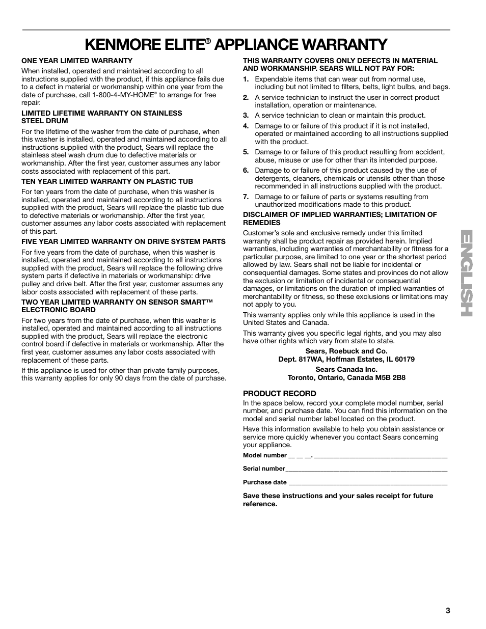 Kenmore elite, Appliance warranty | Kenmore 110.4997 User Manual | Page 3 / 25