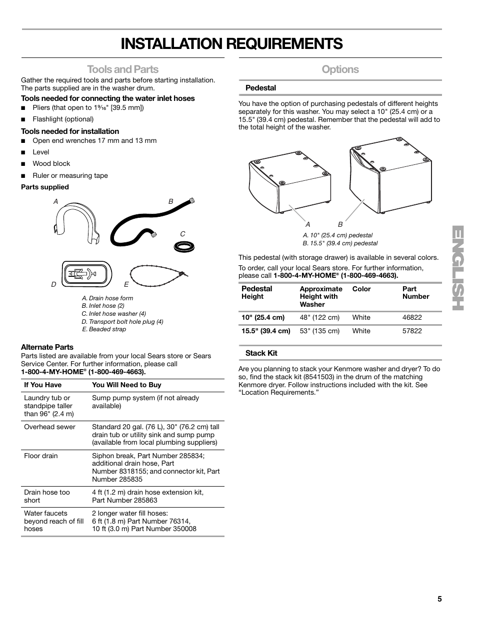 Installation requirements, Tools and parts, Options | Kenmore 110.4997 User Manual | Page 5 / 25